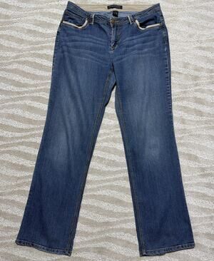Baccini Womens Mid Rise Straight Leg Embroidered Blue Denim Jeans 5 POCKE Sze 10